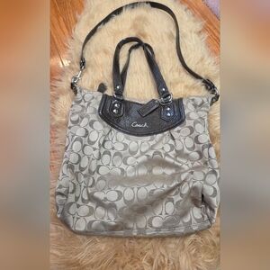 Coach Signature Canvas Tote Bag in Khaki with Brown Leather Trim